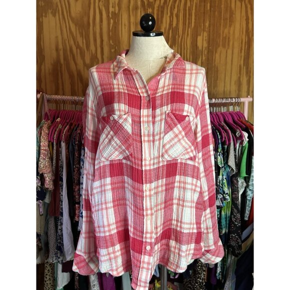 Sanctuary Mod Pink Plaid Buffalo Long Sleeve Boyfriend Shirt Button Down Size XL - Picture 2 of 10